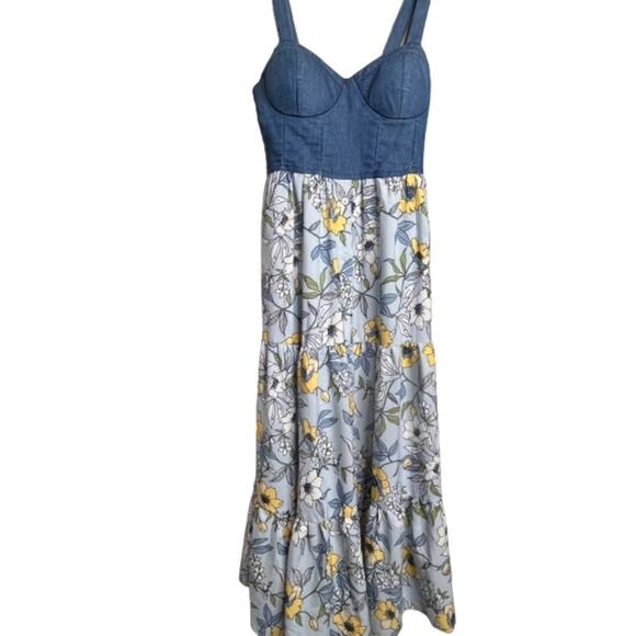 Band of Gypsies Denim Floral Tiered Maxi Dress XS Y2K / Cottagecore / Gunne Sax - Picture 10 of 15